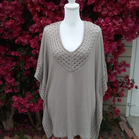 Knox Rose Poncho Women's Knit with Crochet Details V-Neck Taupe Med - Picture 4 of 6
